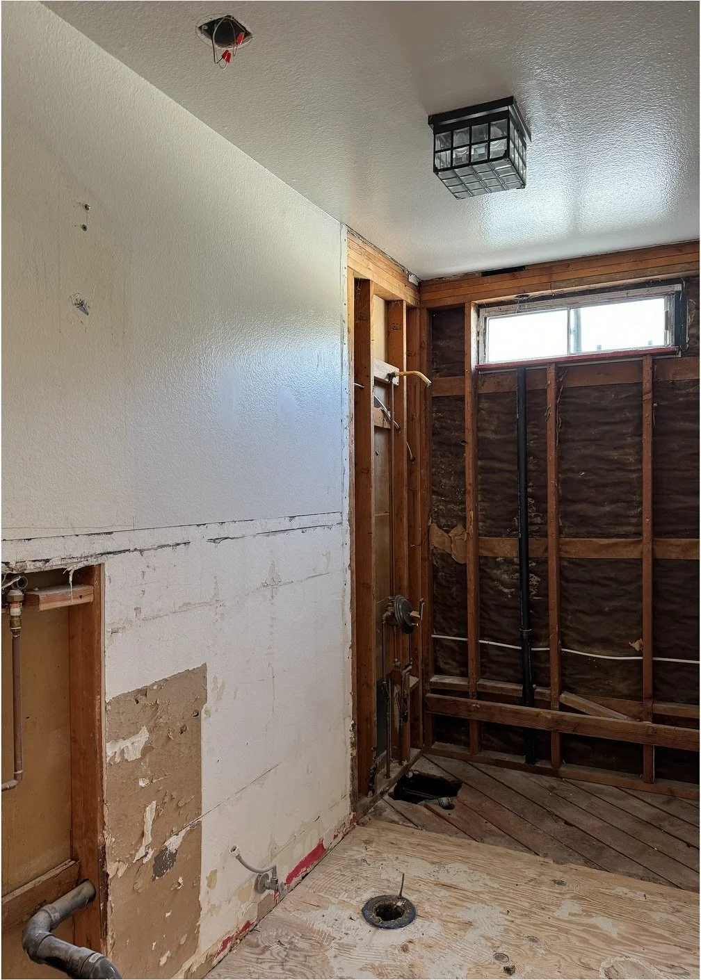 Bathroom demolition with exposed wall framing and plumbing
