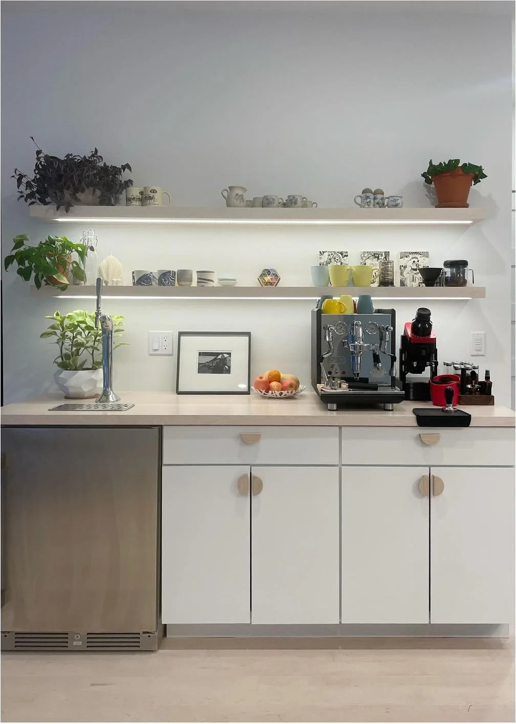 Pale kitchen cabinets and open shelves with plants and small appliances