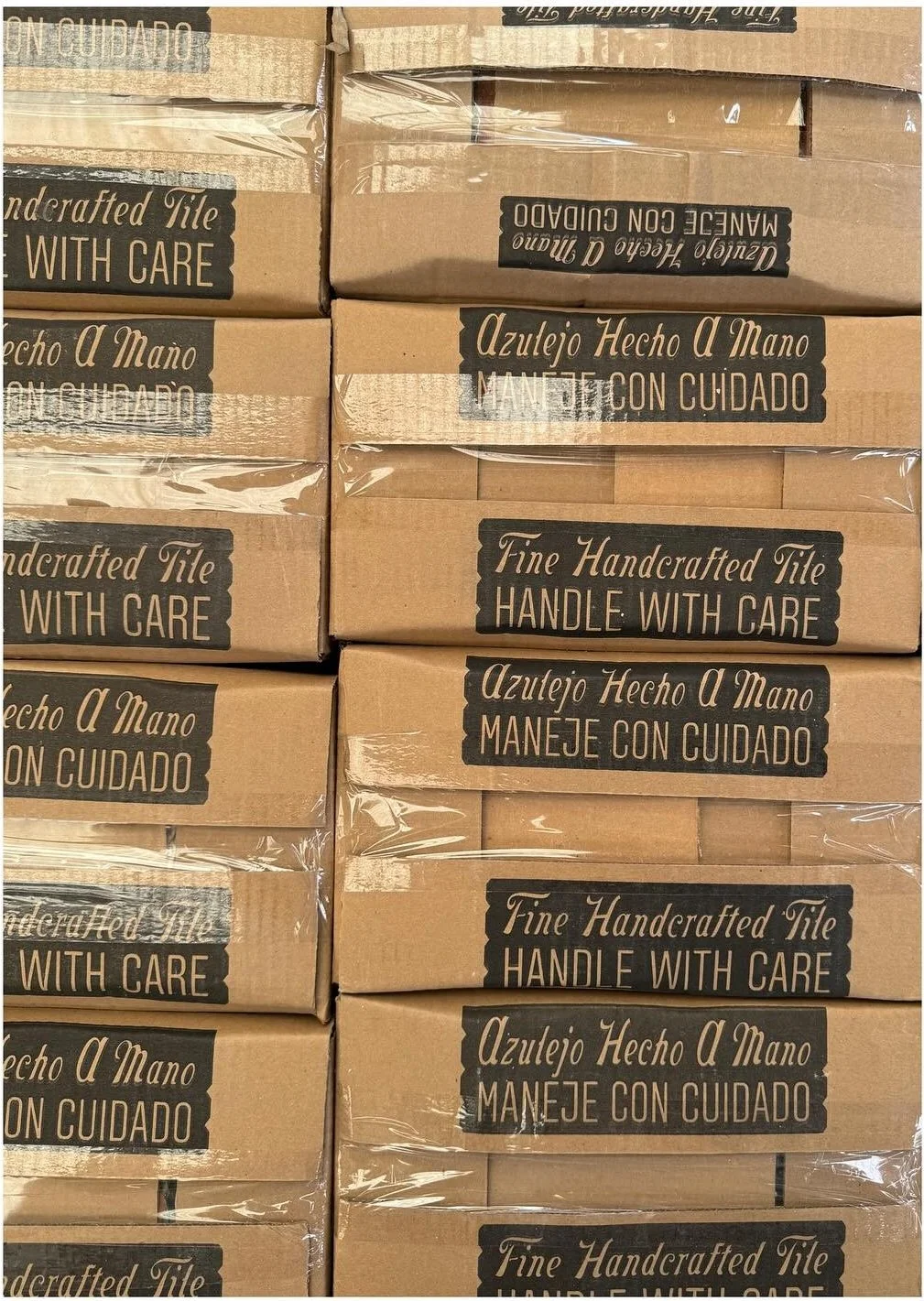 Stacks of boxes marked handmade and handle with care