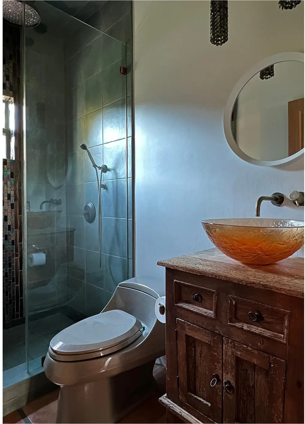Original bathroom with wood vanity glass vessel basin and mosaic shower