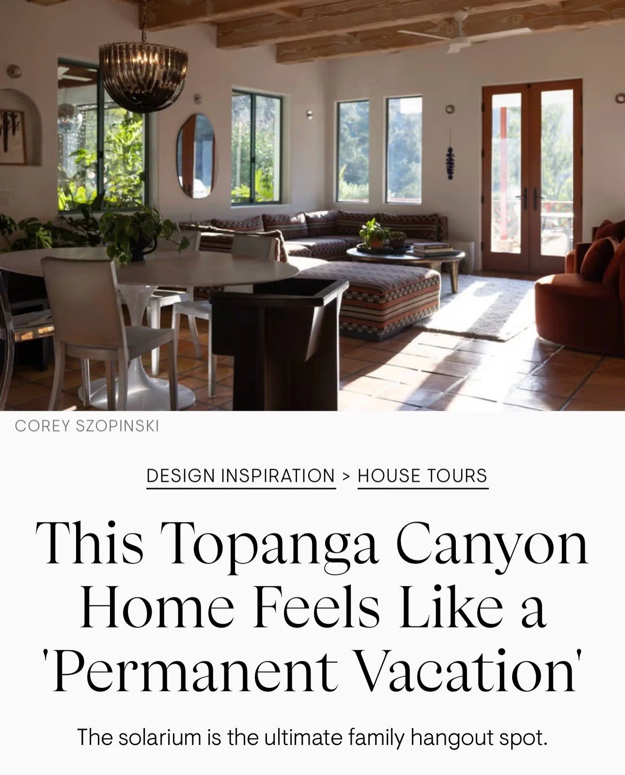 House Beautiful article featuring a warm Topanga Canyon interior