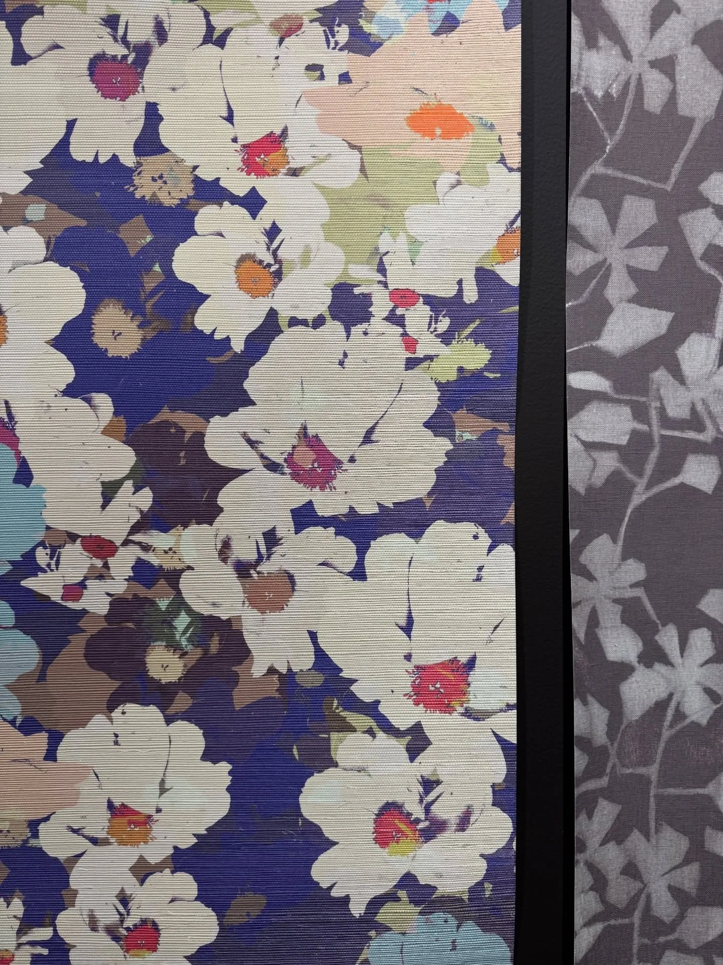 Patterned floral textile samples in purple and cream