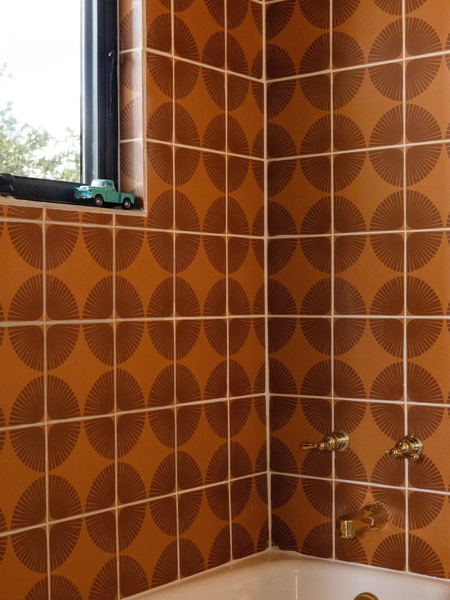 Burnt orange patterned shower tile beside a black-framed window