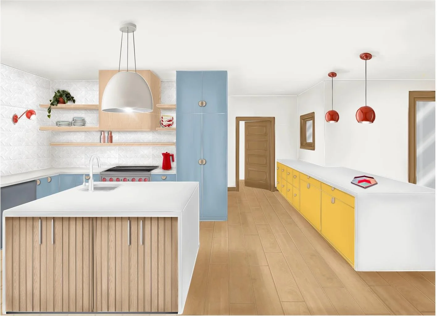 Kitchen and adjoining room with blue cabinets yellow storage and red pendants
