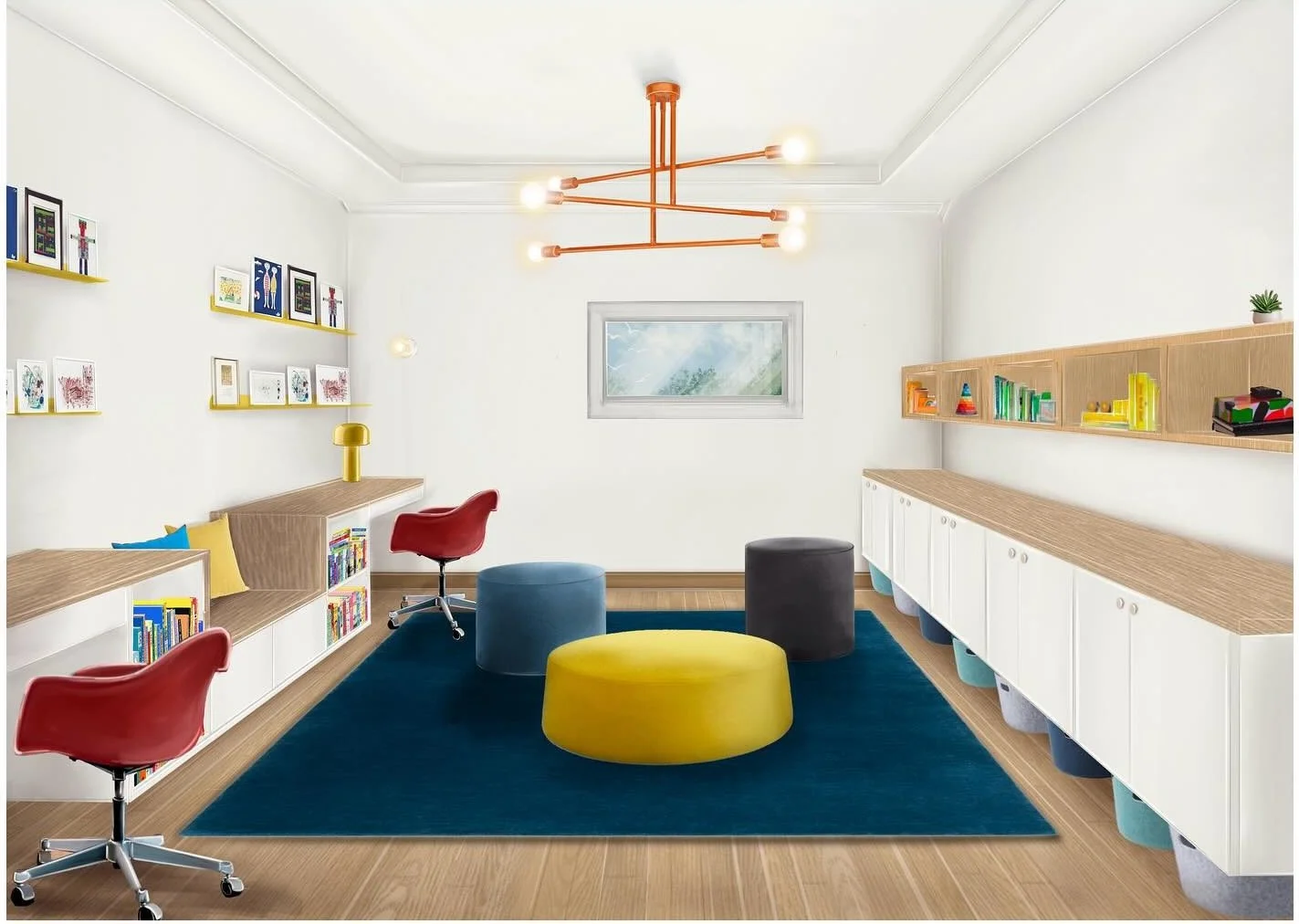 White playroom with blue rug low seating and open wood shelves