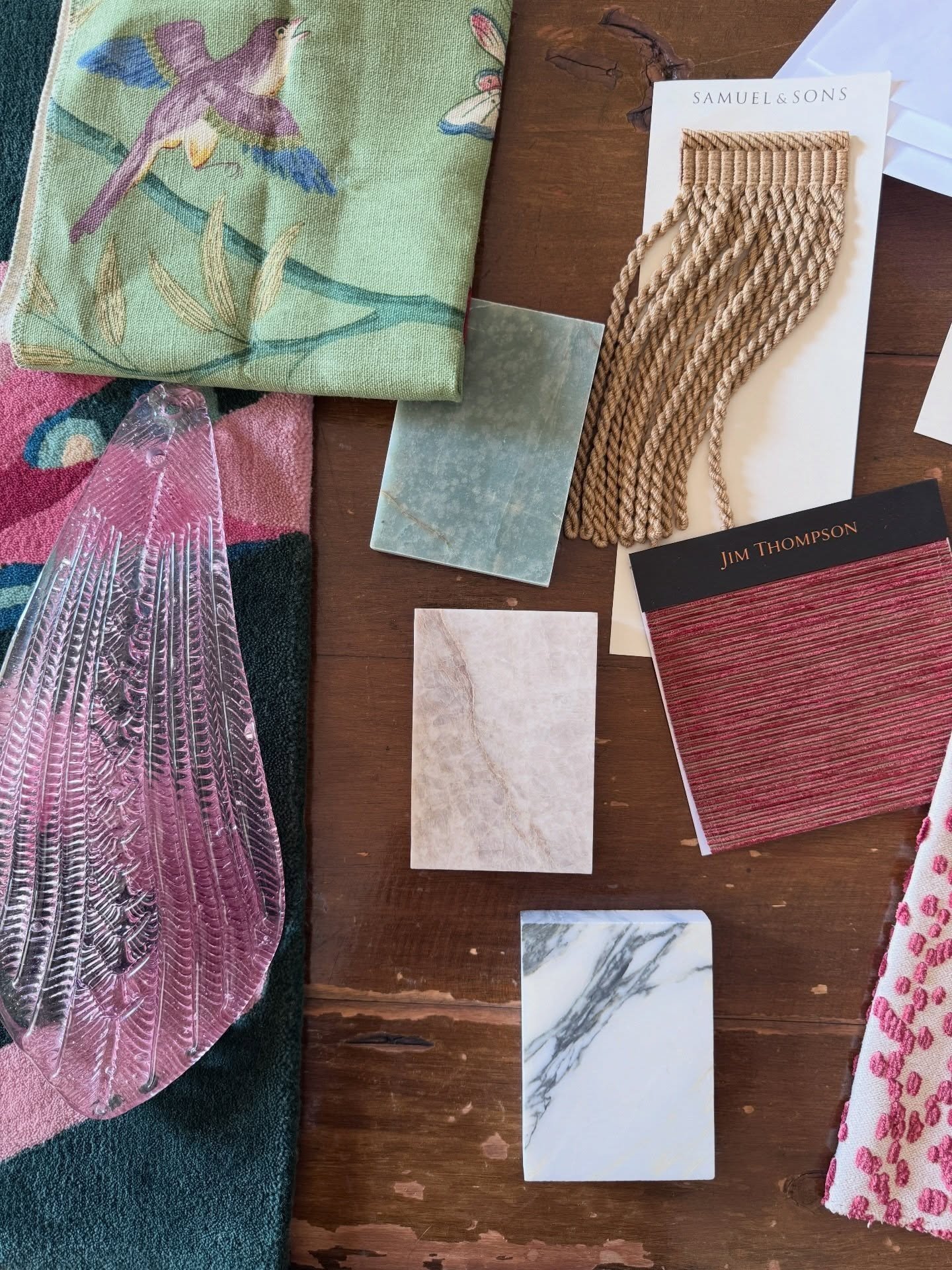 Material board with fabric, trim, wood and stone samples