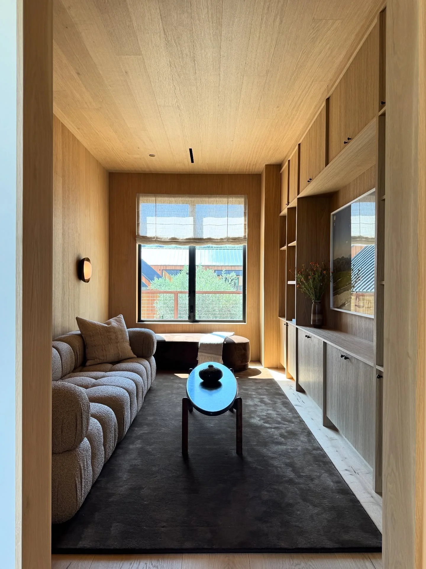 Narrow wood-paneled media room with a gray sofa