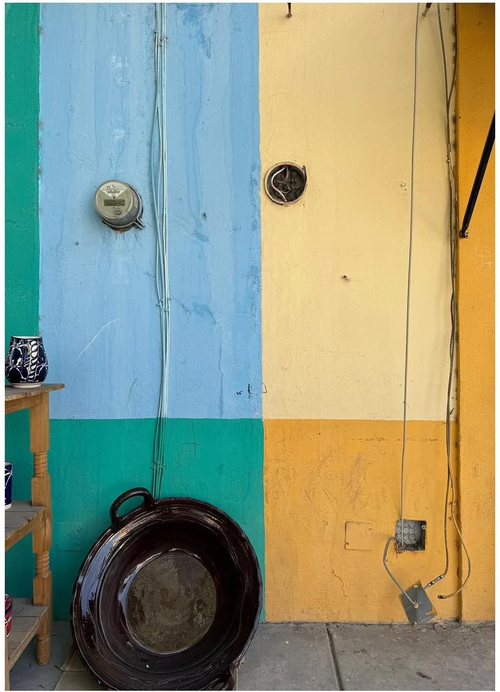 Close-up of blue green and yellow painted doors