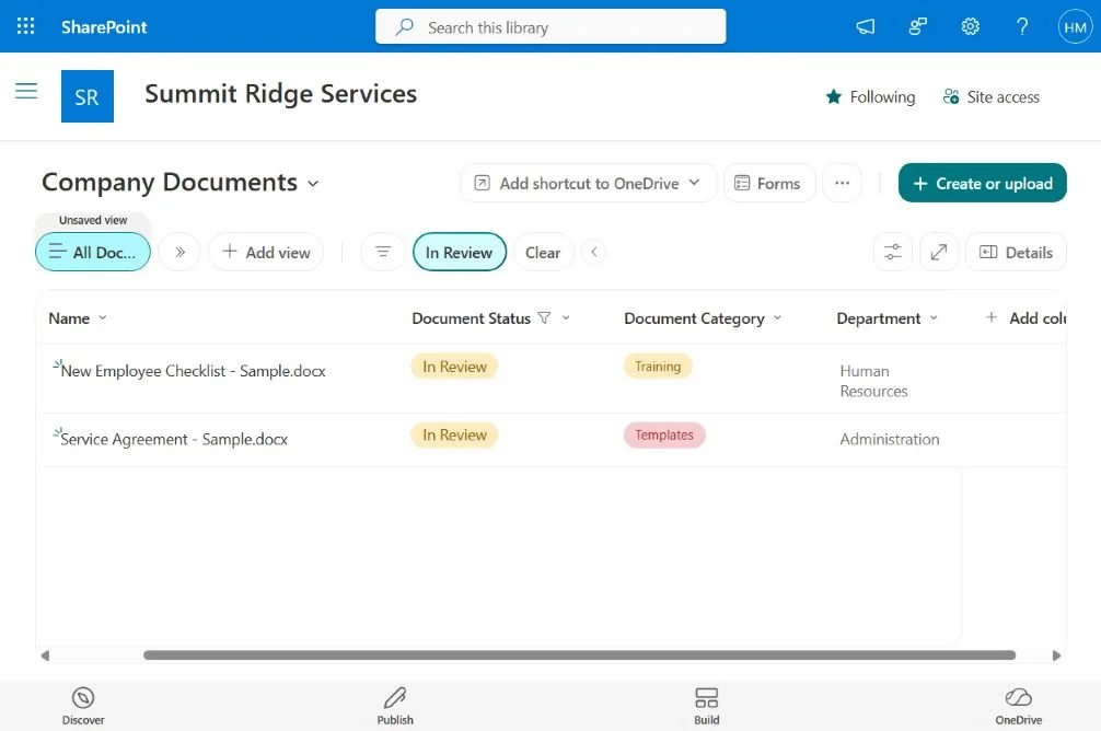 A filtered view brings documents marked “In Review” together, making it easier to focus on items awaiting review.
