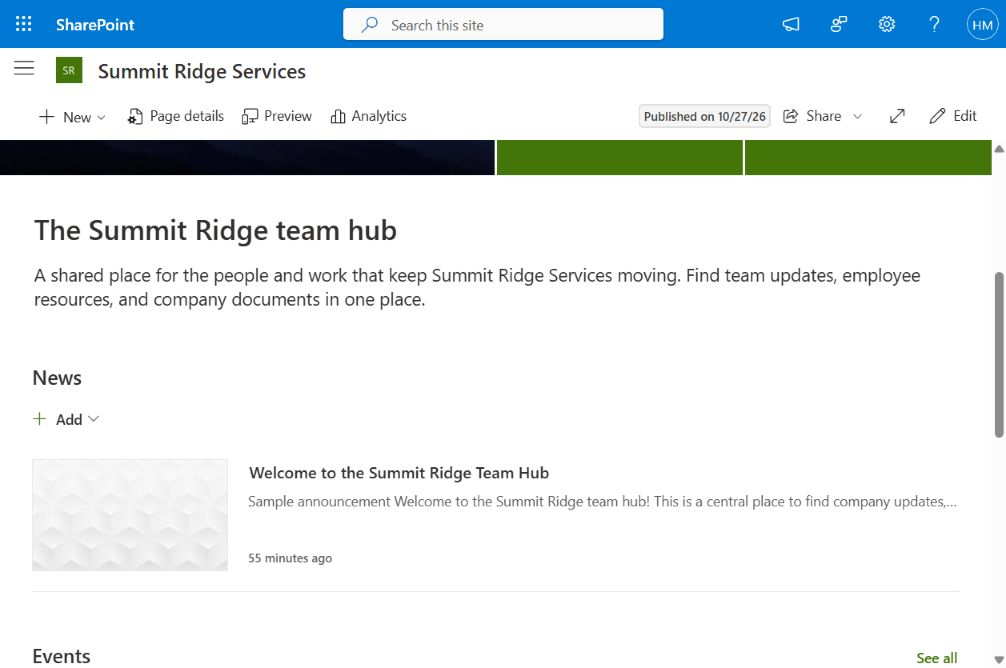 A welcome section and news feed bring company information and announcements together in one place.