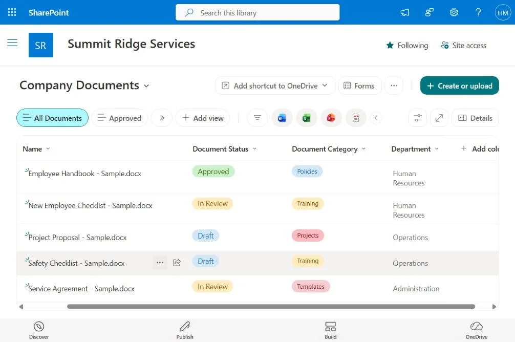 A shared document library uses status, category, and department columns to organize files and make their purpose clear at a glance.