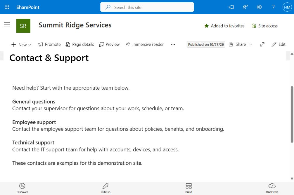 A contact and support page directs employees to the appropriate team for common questions and assistance.