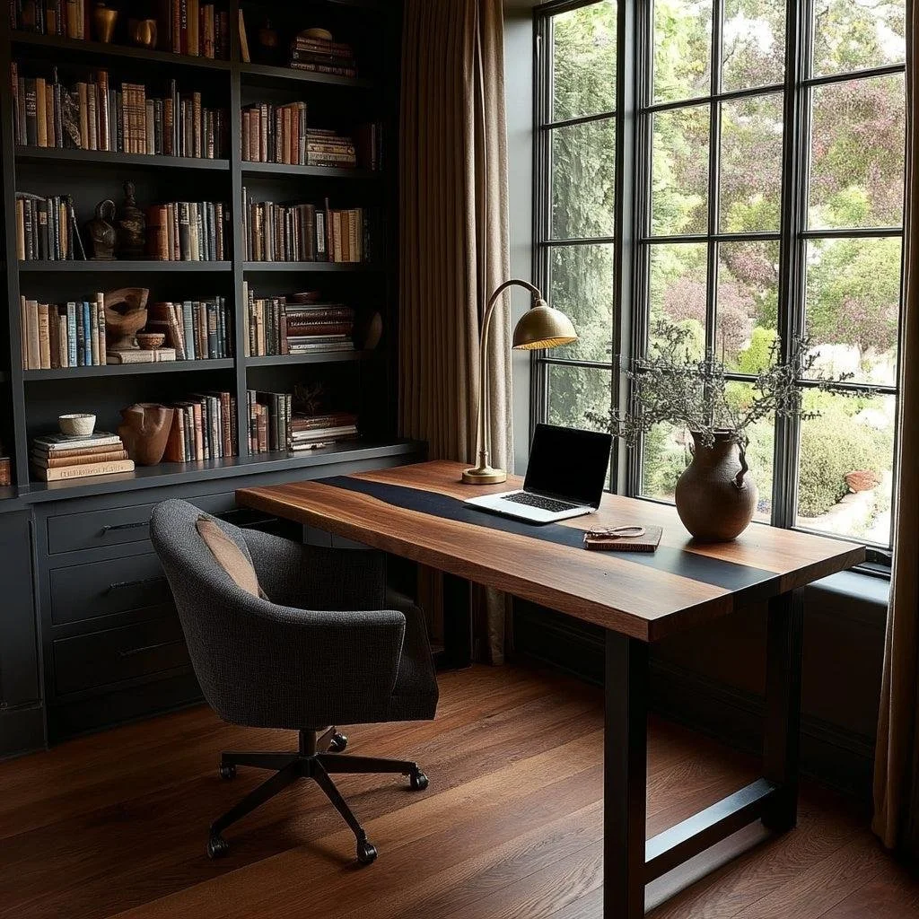 Elegant home office with a wooden desk, open laptop, brass lamp, bookshelf, upholstered office chair, and garden view through large windows