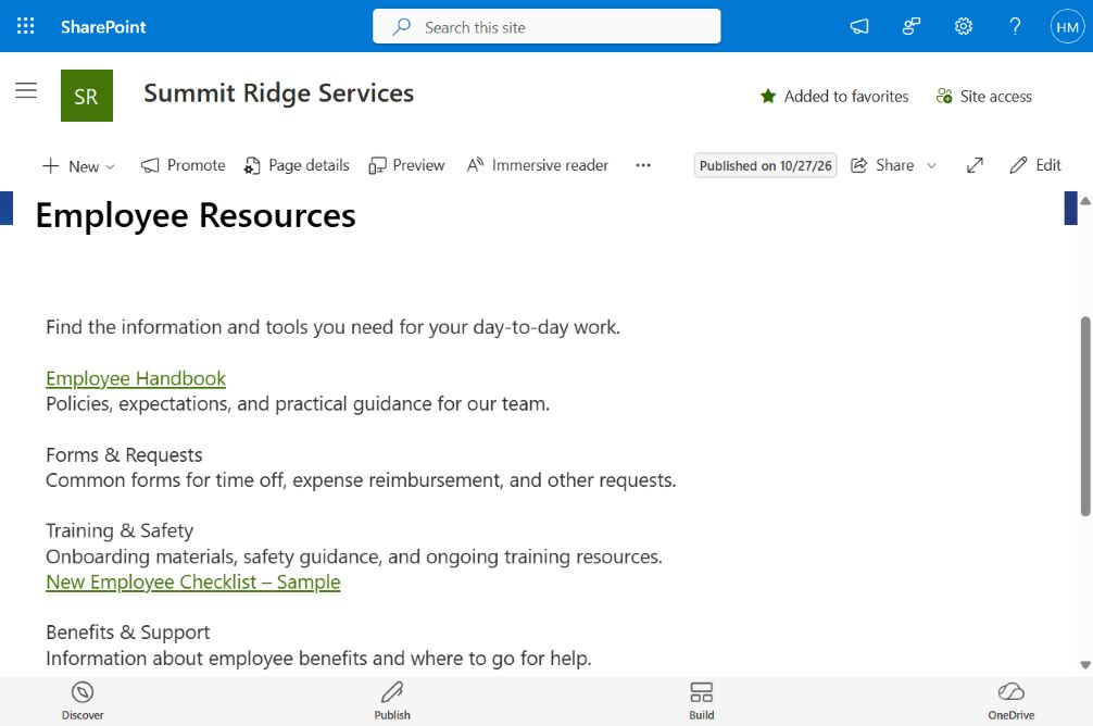 An employee resources page organizes policies, forms, training information, and support.
