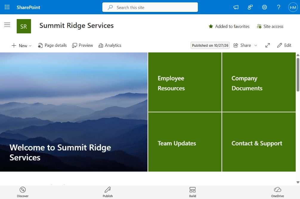A branded homepage gives employees quick access to resources, company documents, team updates, and support.