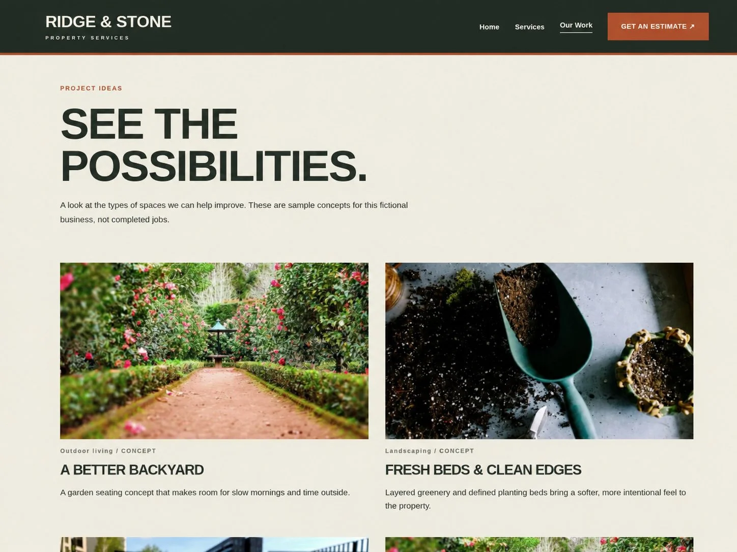 A clean, image-focused gallery demonstrates how a local service business could showcase its capabilities and project examples.