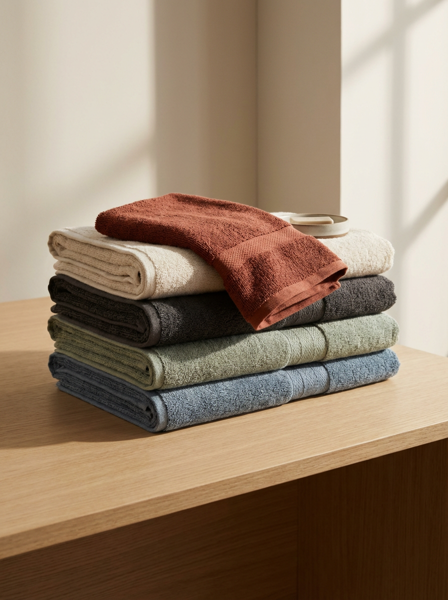 Stack of colorful folded towels on a wooden countertop, with a rust-colored towel draped over the top.