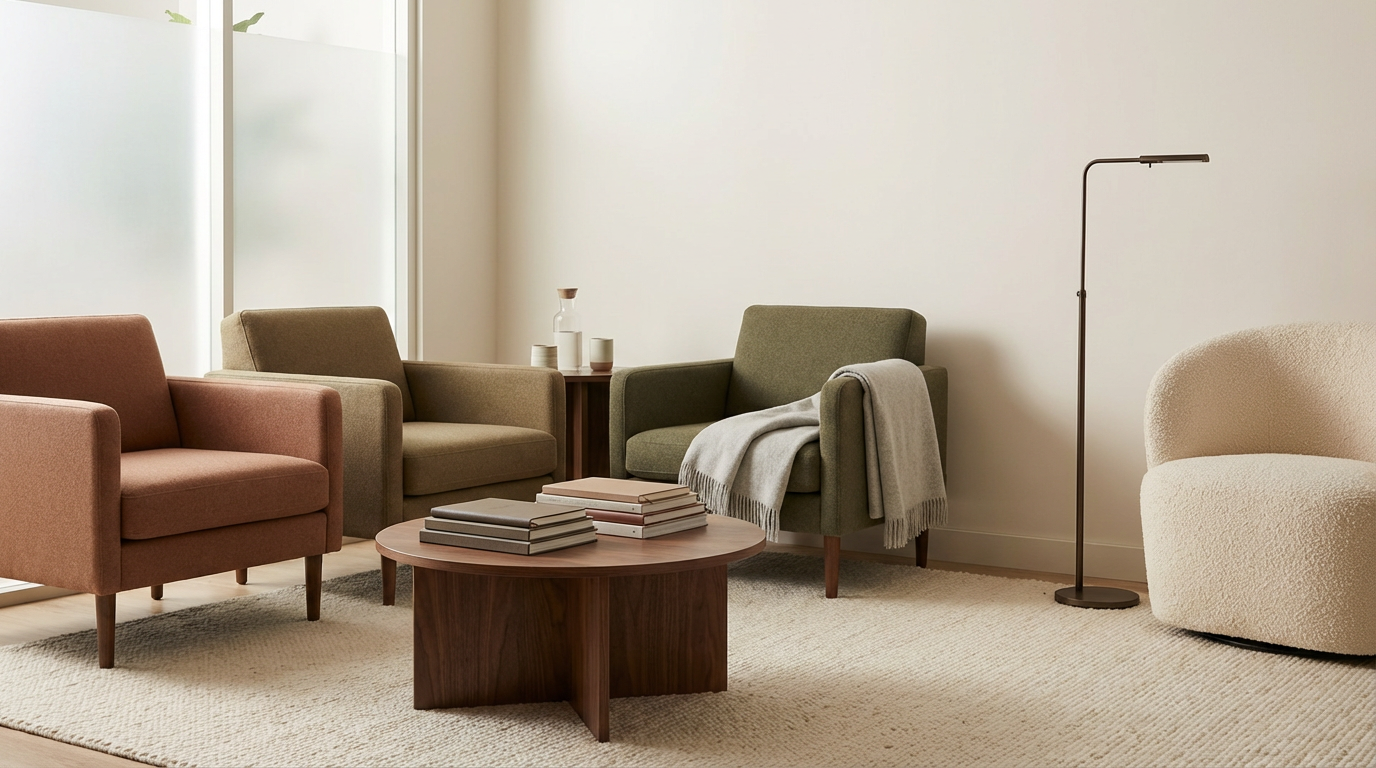 Modern living room with pink and olive armchairs, a round wooden coffee table with books, a cream boucle chair, floor lamp, and area rug