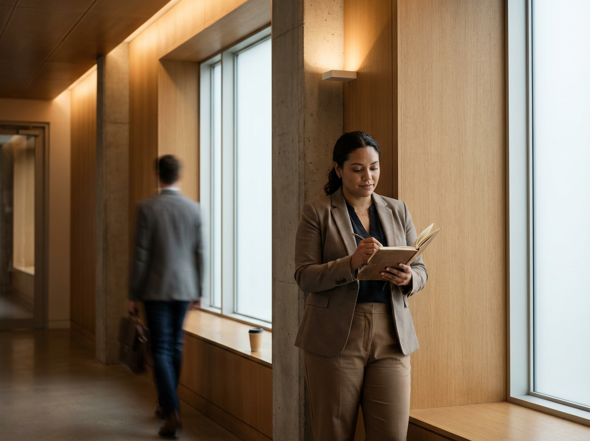 Businesswoman writing in a notebook beside large windows in a modern wood-paneled office, with a blurred colleague walking in the background.