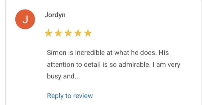 Five-star customer review from Jordyn praising Simon’s attention to detail and excellent work.