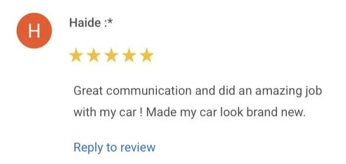 Five-star customer review from Haide praising great communication and excellent car detailing that made the vehicle look brand new.