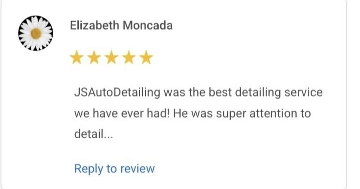 Five-star customer review from Elizabeth Moncada praising JSAutoDetailing for its attentive car detailing service.