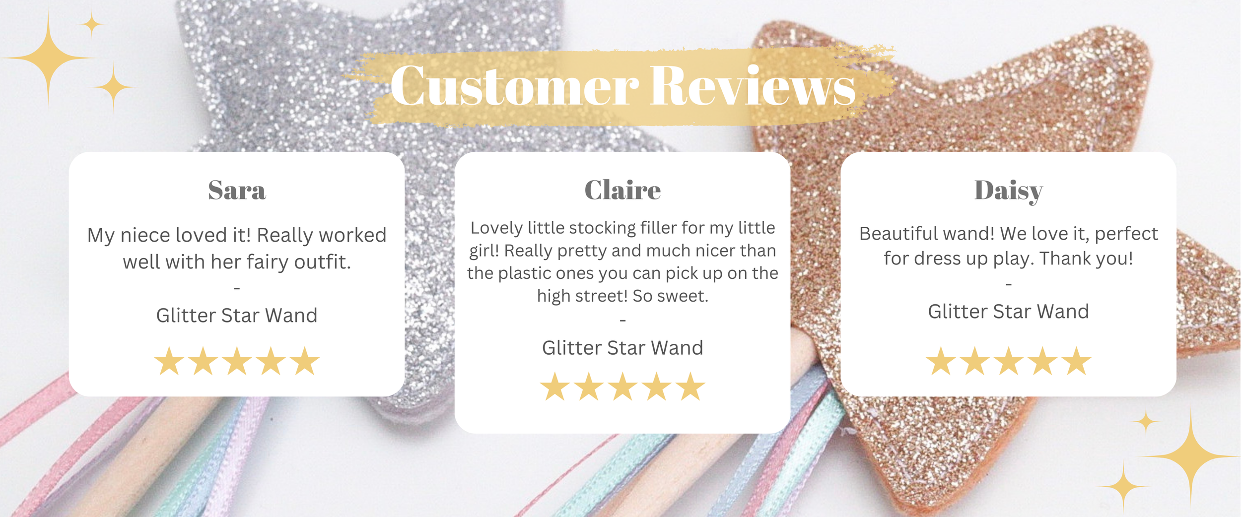 Customer reviews graphic for a glitter star wand, featuring three five-star testimonials from Sara, Claire, and Daisy over a background of pastel glitter star wands.