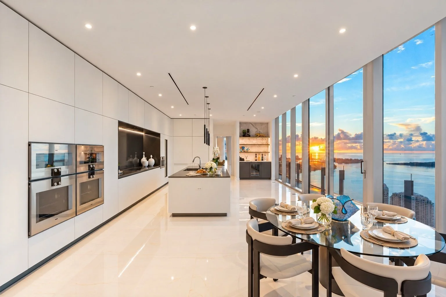 Aston Martin Residences PH6001C 39-foot chef's kitchen and breakfast dining with Biscayne Bay view, Miami