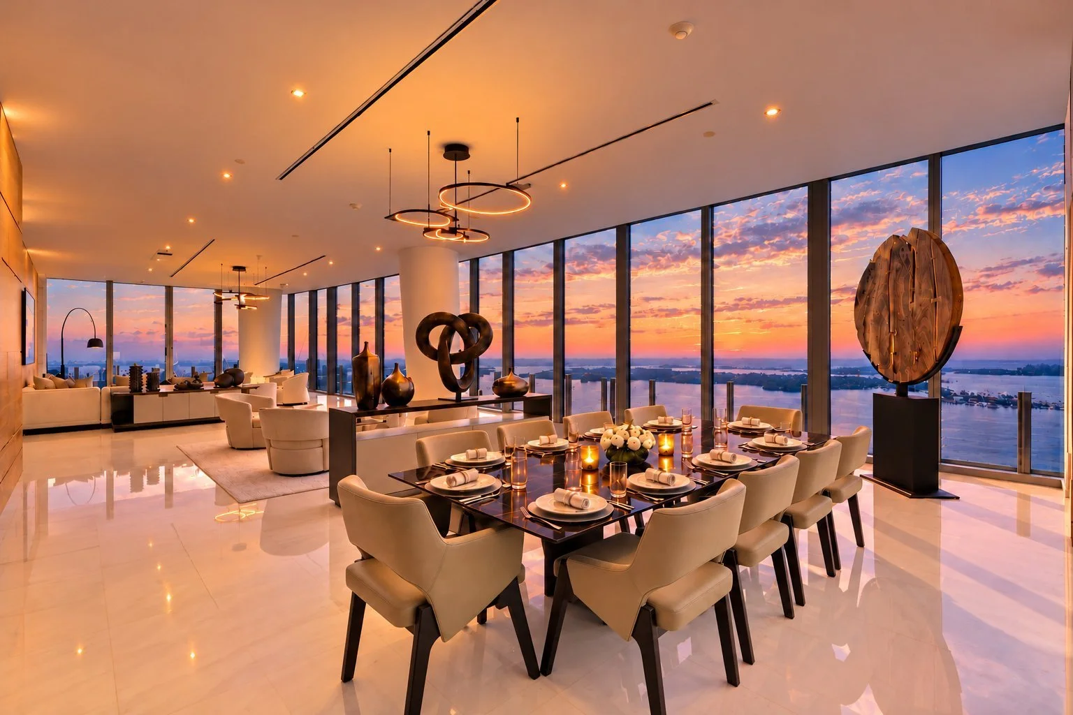 Aston Martin Residences PH6001C formal dining room with panoramic Biscayne Bay view at sunset, Miami