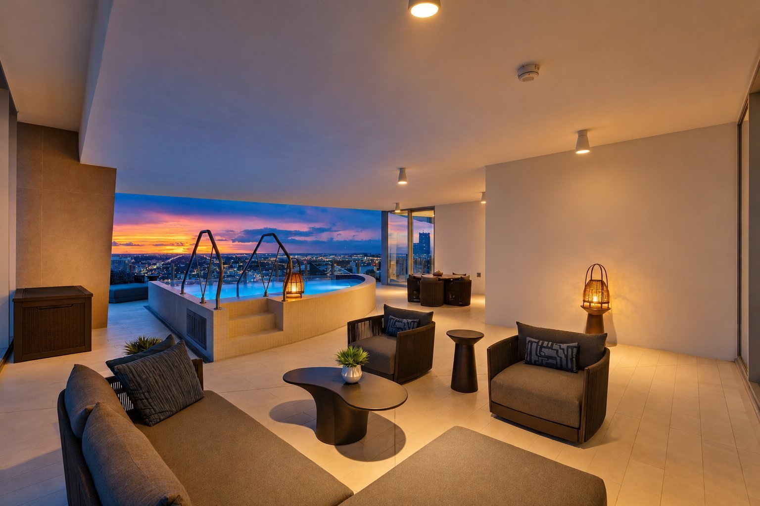 Aston Martin Residences PH6001C covered lounge beside the private pool at sunset, Miami