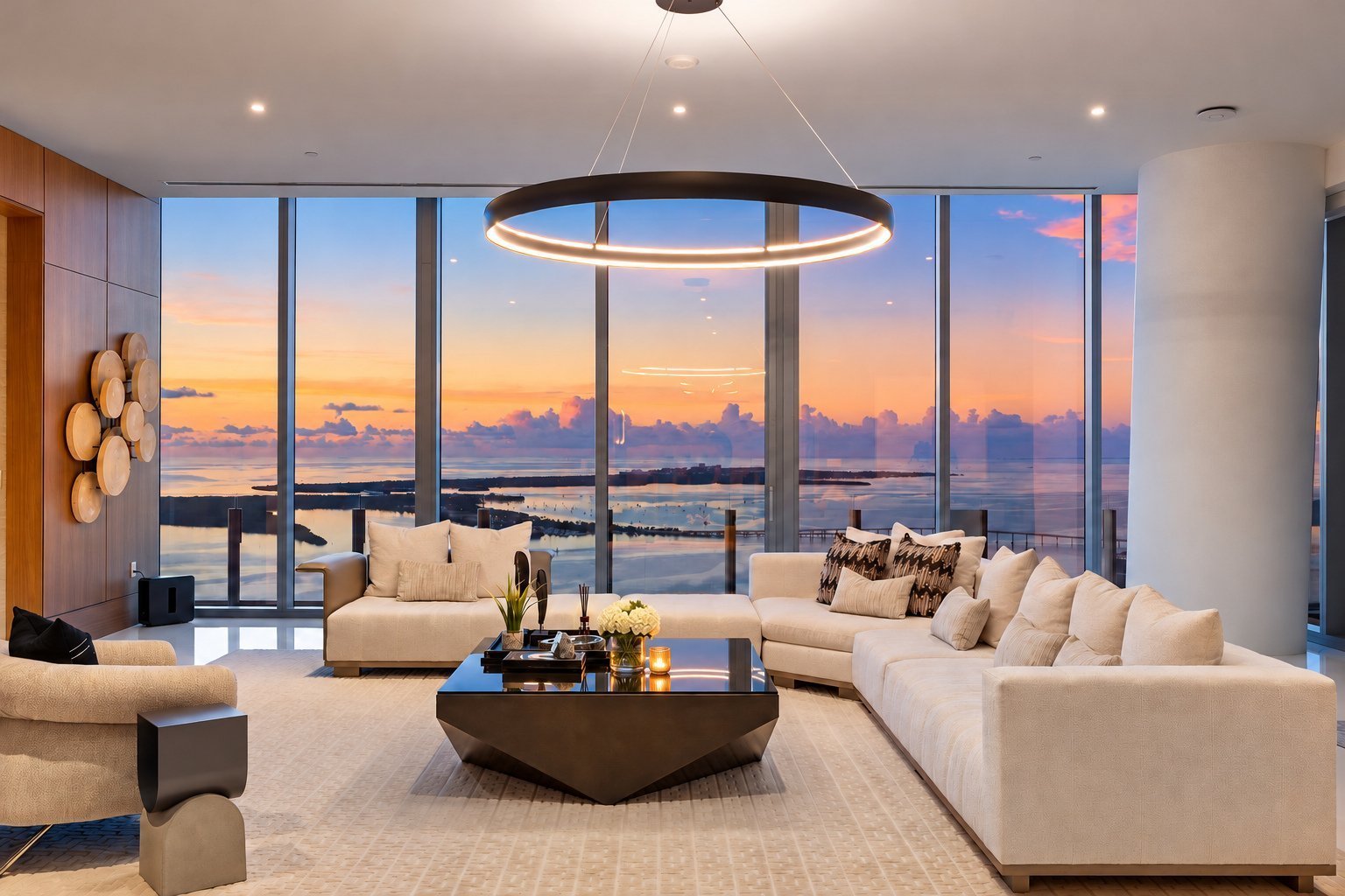 Aston Martin Residences PH6001C lounge with circular pendant and Biscayne Bay view at sunset, Miami