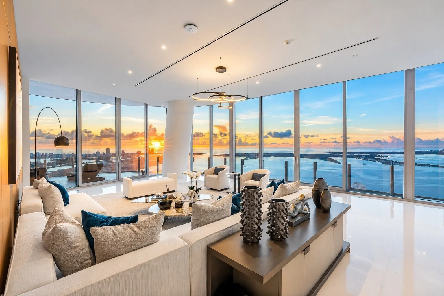 Aston Martin Residences PH6001C main living salon with floor-to-ceiling windows and Biscayne Bay views, Miami