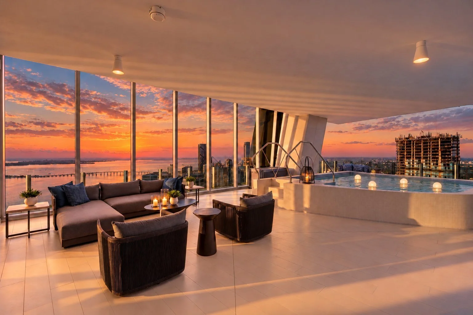 Aston Martin Residences PH6001C private pool deck at sunset, Miami