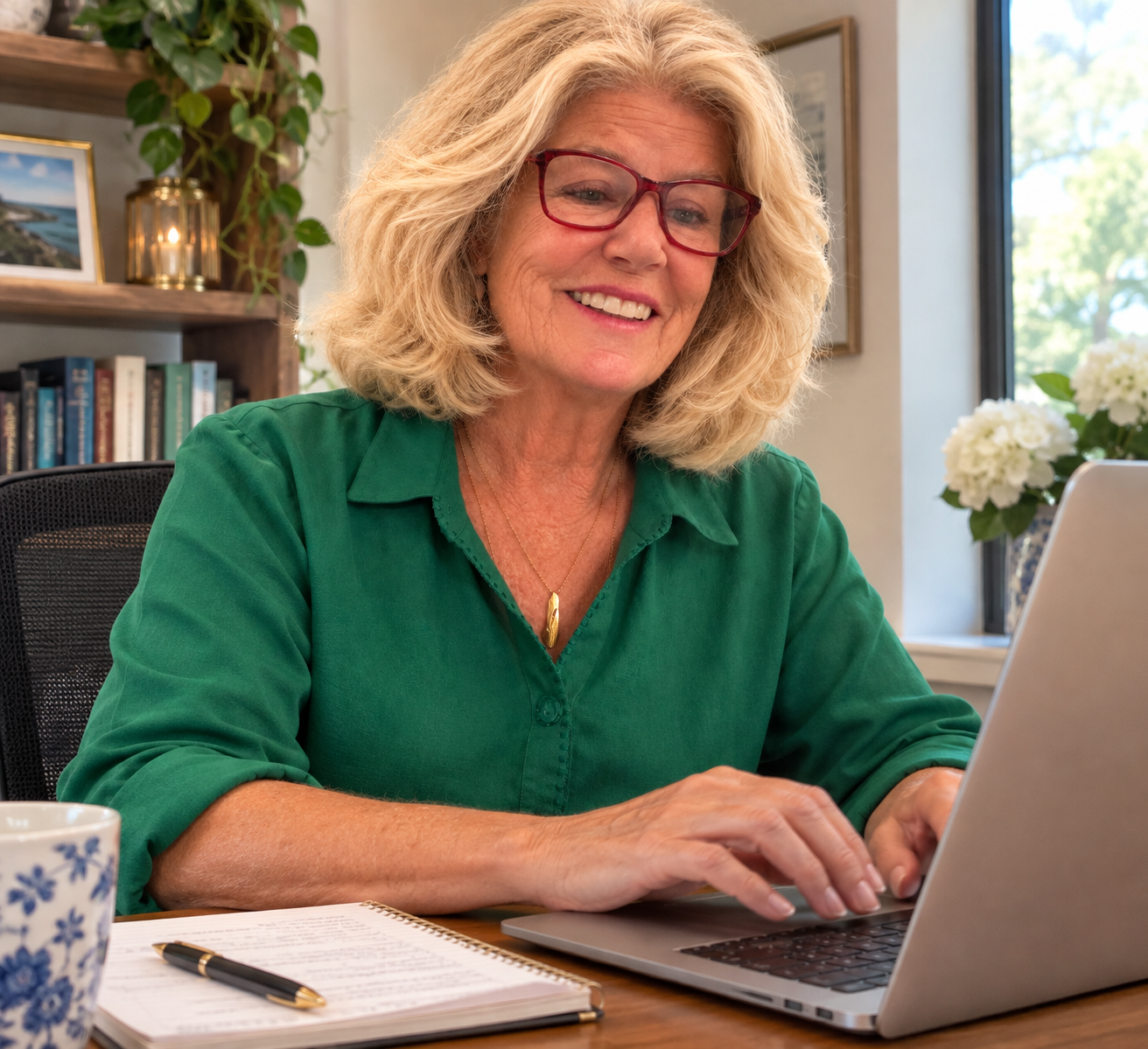 Author Lydia Langston Bouzaid smiling at her laptop in her home writing room in coastal Maine