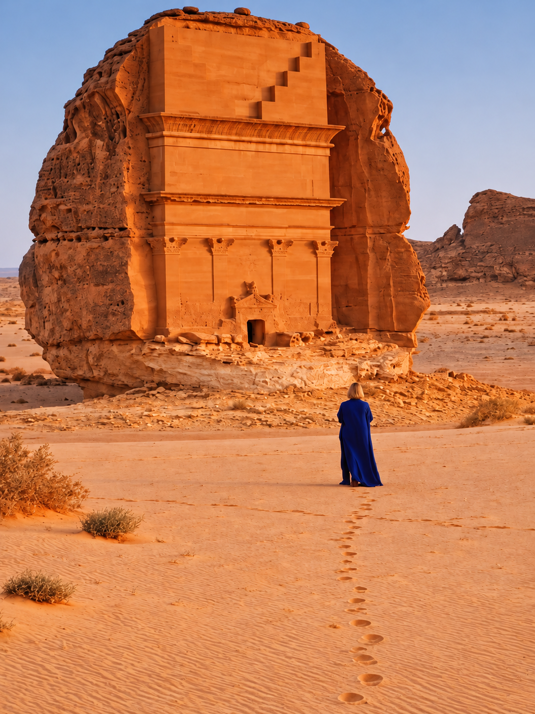 Lydia in a blue robe walking toward an ancient Nabataean tomb at Hegra, AlUla, Saudi Arabia