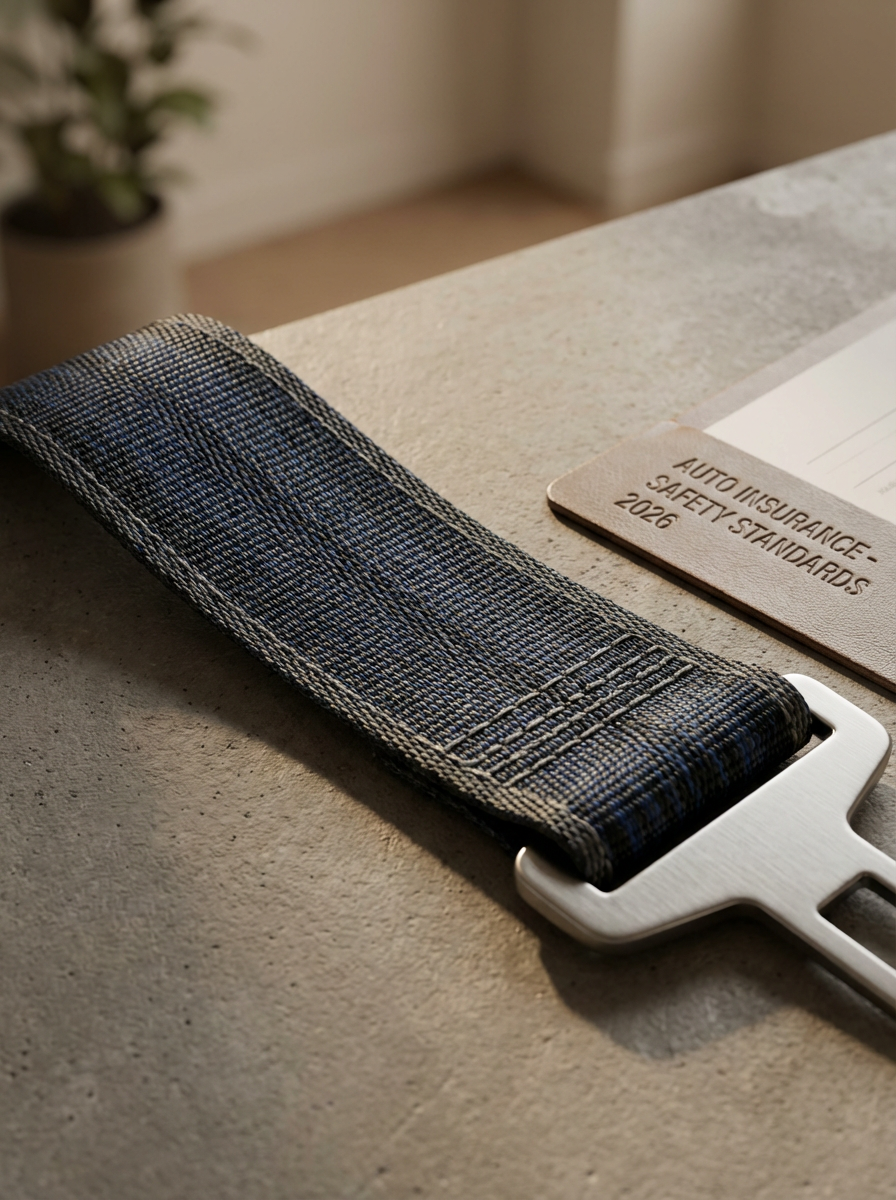 Close-up of a woven blue-gray safety belt strap with a metal buckle beside an auto insurance safety standards document labeled 2026.