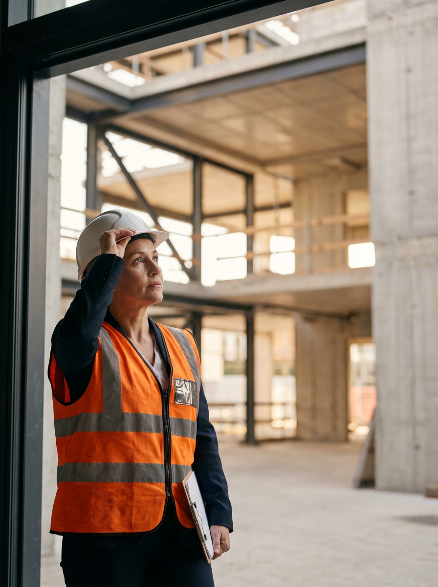 Female construction worker in a hard hat and orange reflective vest inspecting a building under construction