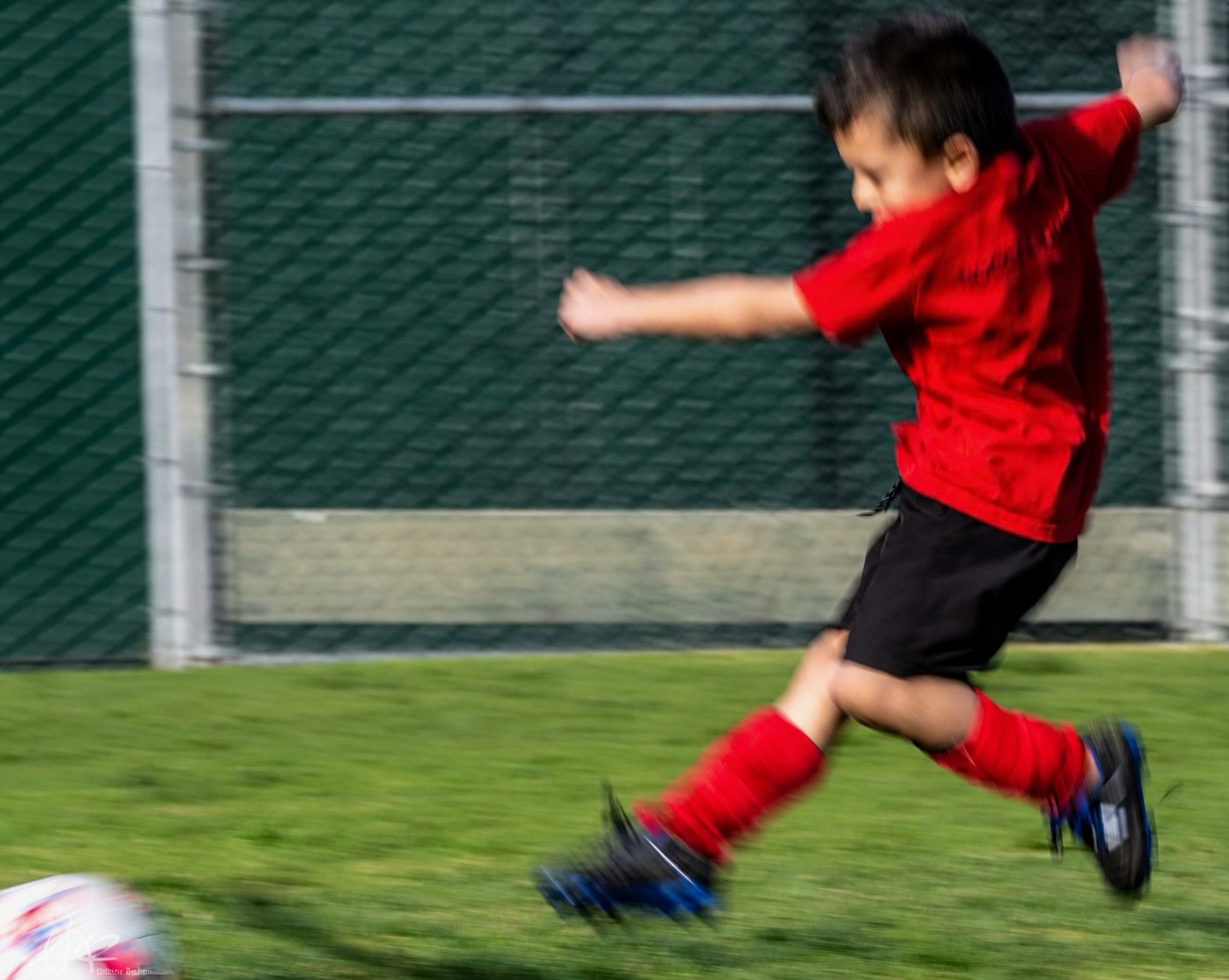 Young soccer player in a red jersey kicking a soccer ball on a grassy field