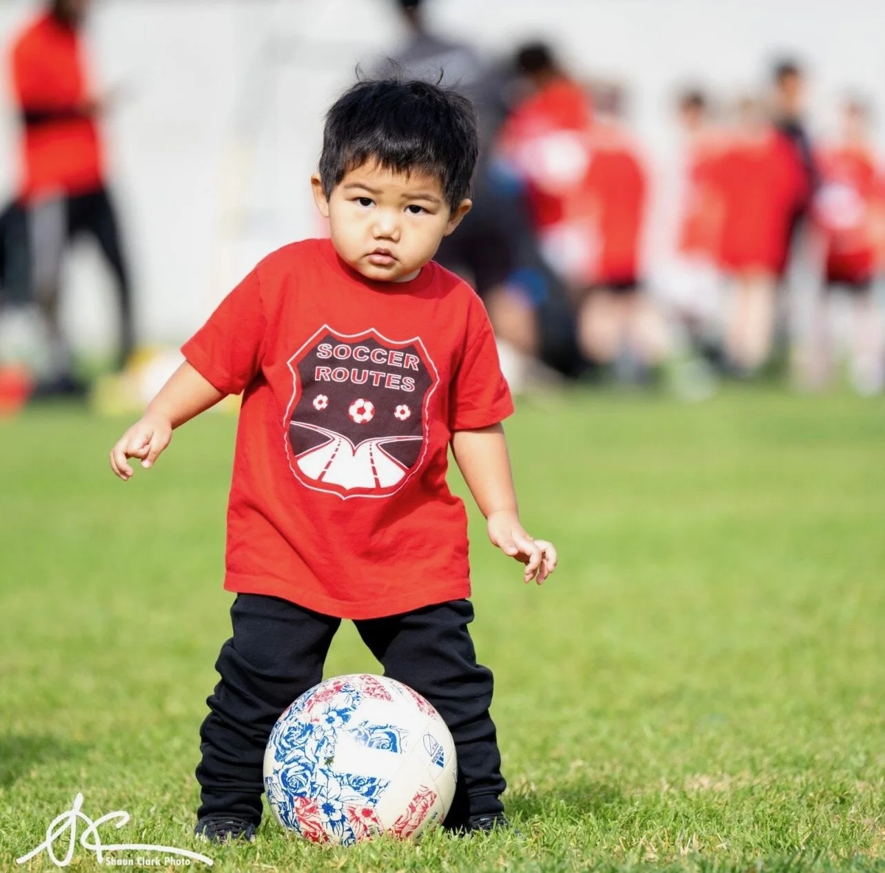 Young child in a red soccer shirt standing over a soccer ball on a grassy field, with players blurred in the background