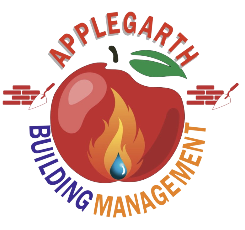 Illustration of a burning apple with a water droplet, brick walls, and the words “APPRELGARTH” and “BUILDING MANAGEMENT.”