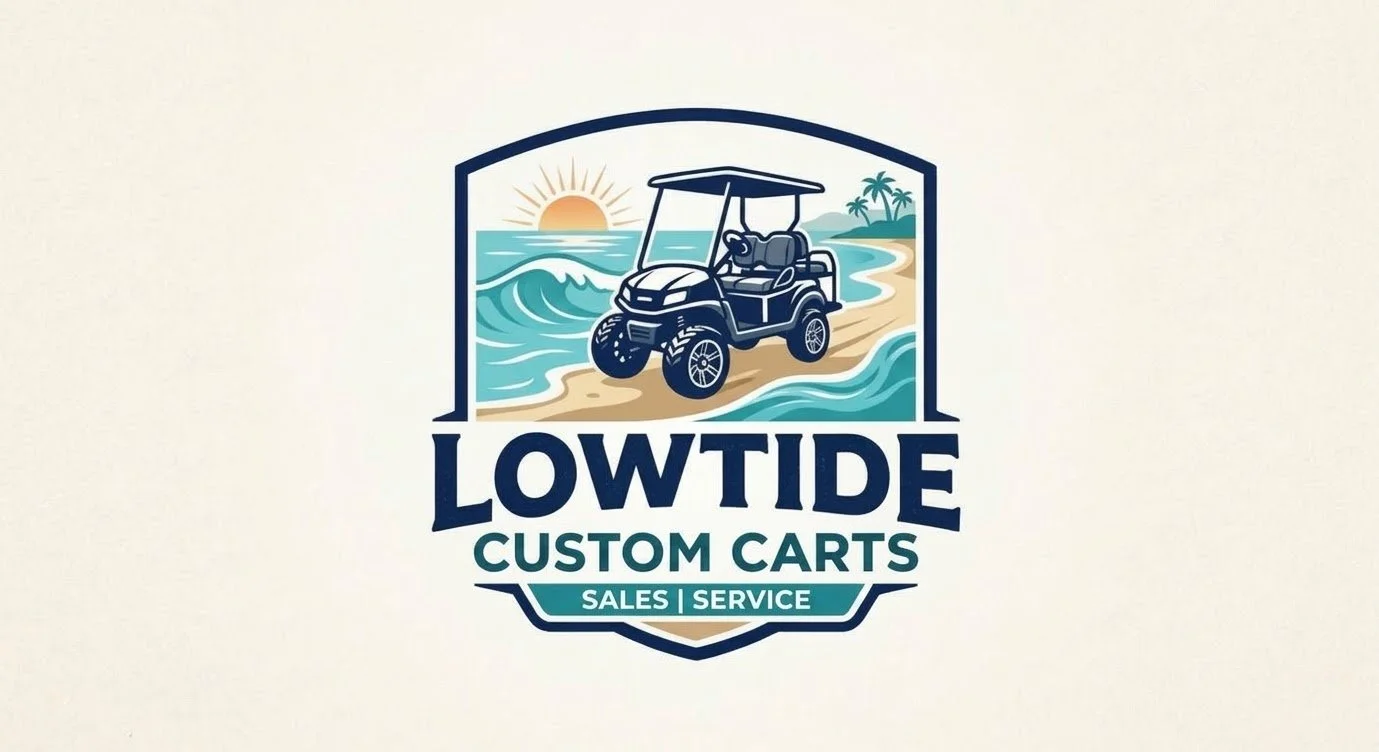 Lowtide Custom Carts logo featuring a golf cart on a tropical beach with ocean waves, reading “Sales | Service.”