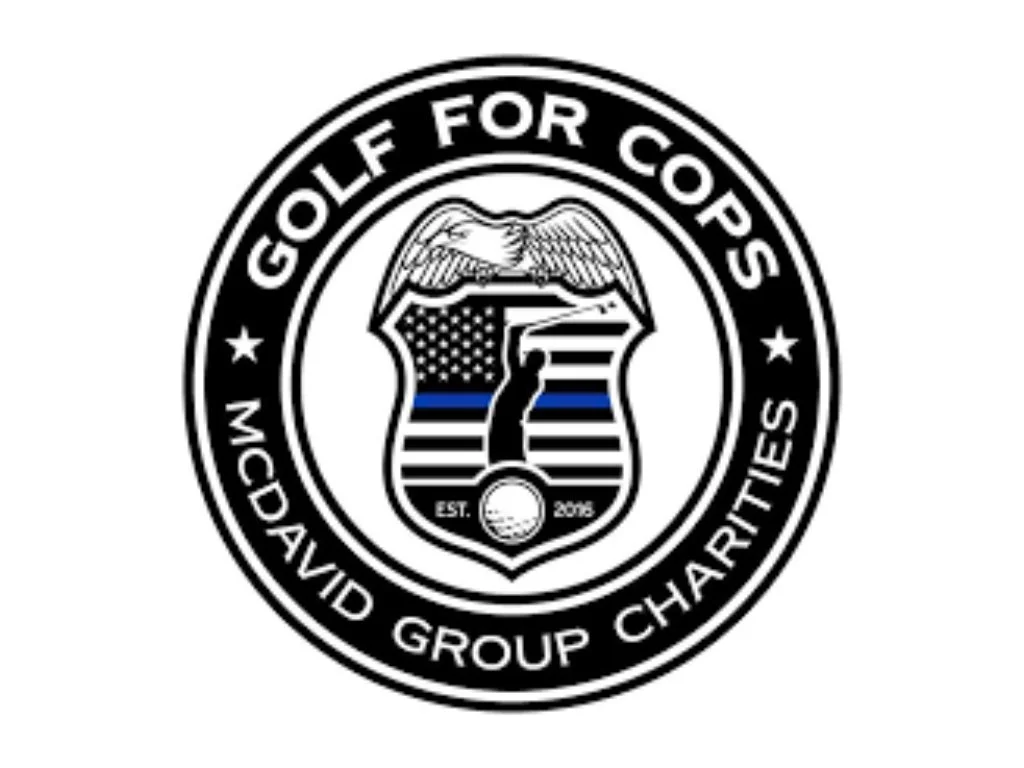 Golf for Cops McDavid Group Charities logo featuring an eagle, American flag shield, blue line, and golf ball