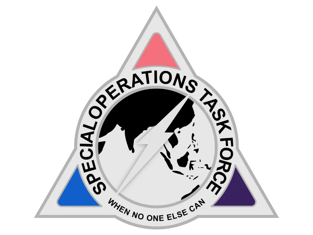 Special Operations Task Force emblem featuring a globe, lightning bolt, and red, blue, and purple triangular accents