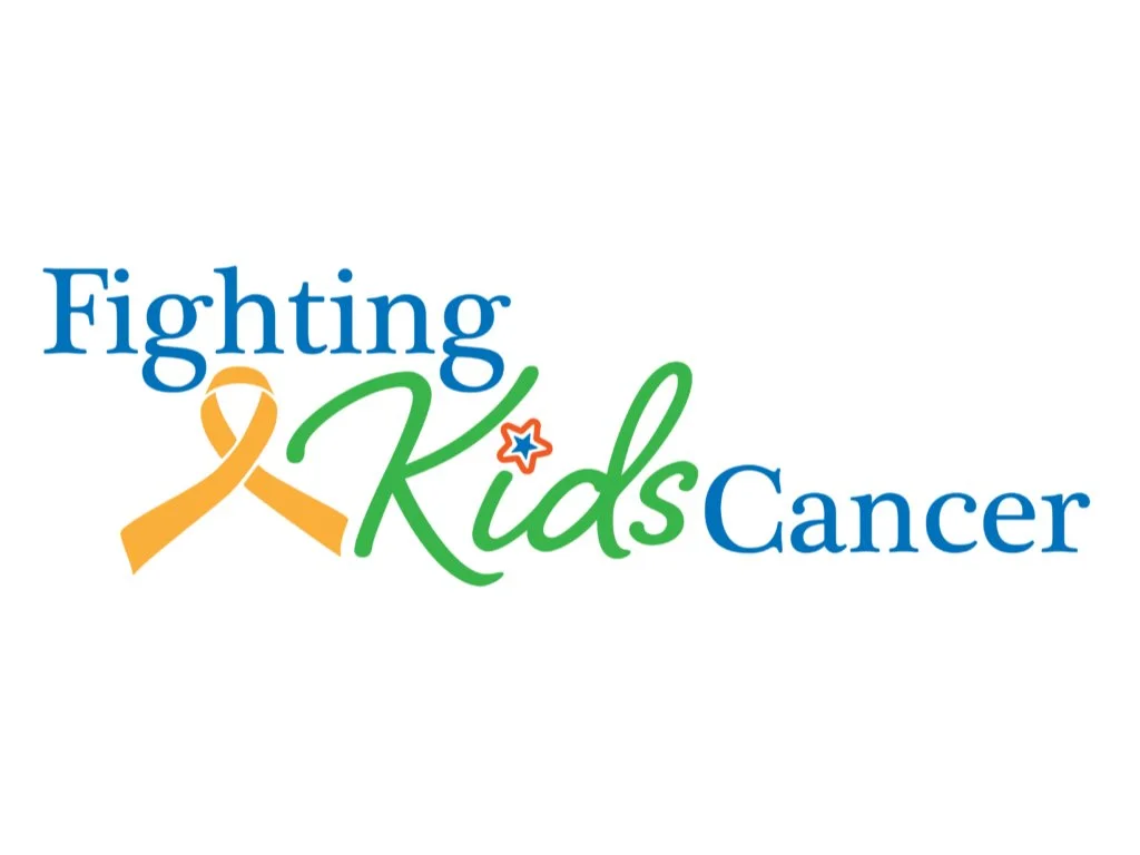 Fighting Kids Cancer logo with an orange awareness ribbon and colorful blue and green text