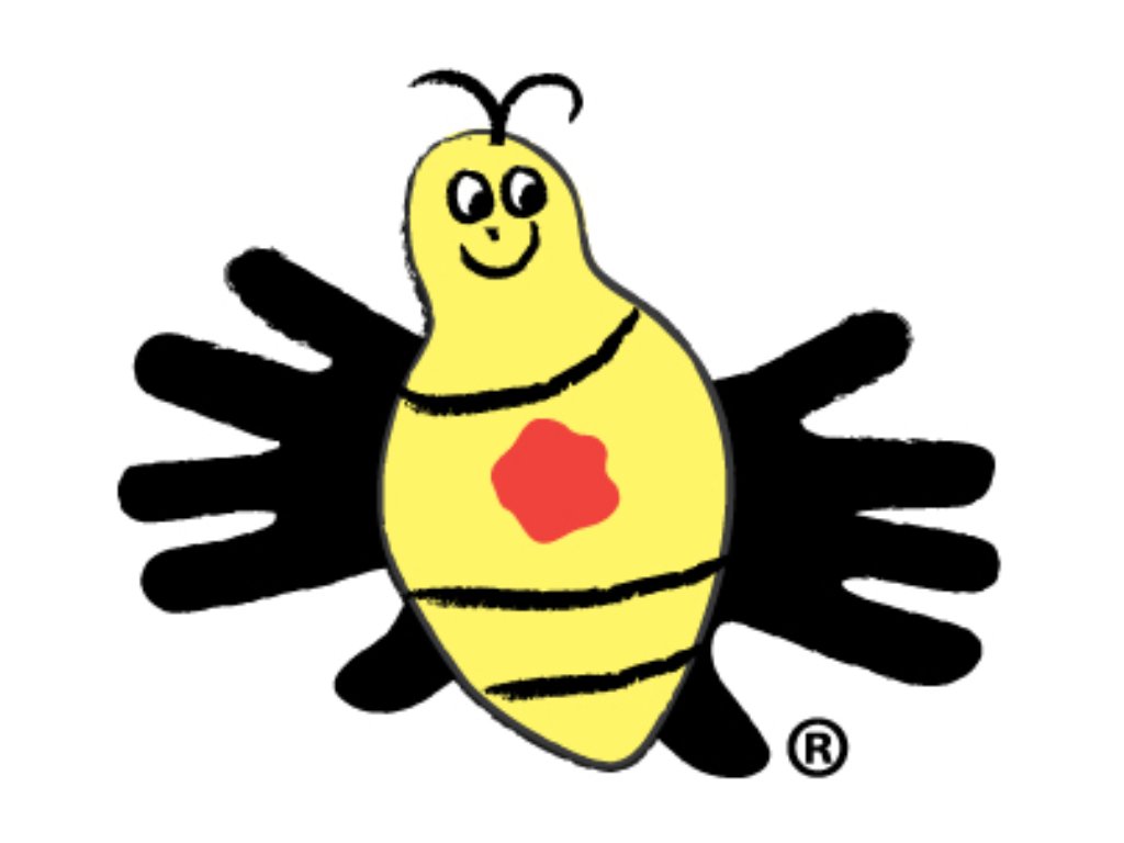 Smiling yellow cartoon bee with black wings, antennae, stripes, and a red flower-shaped marking