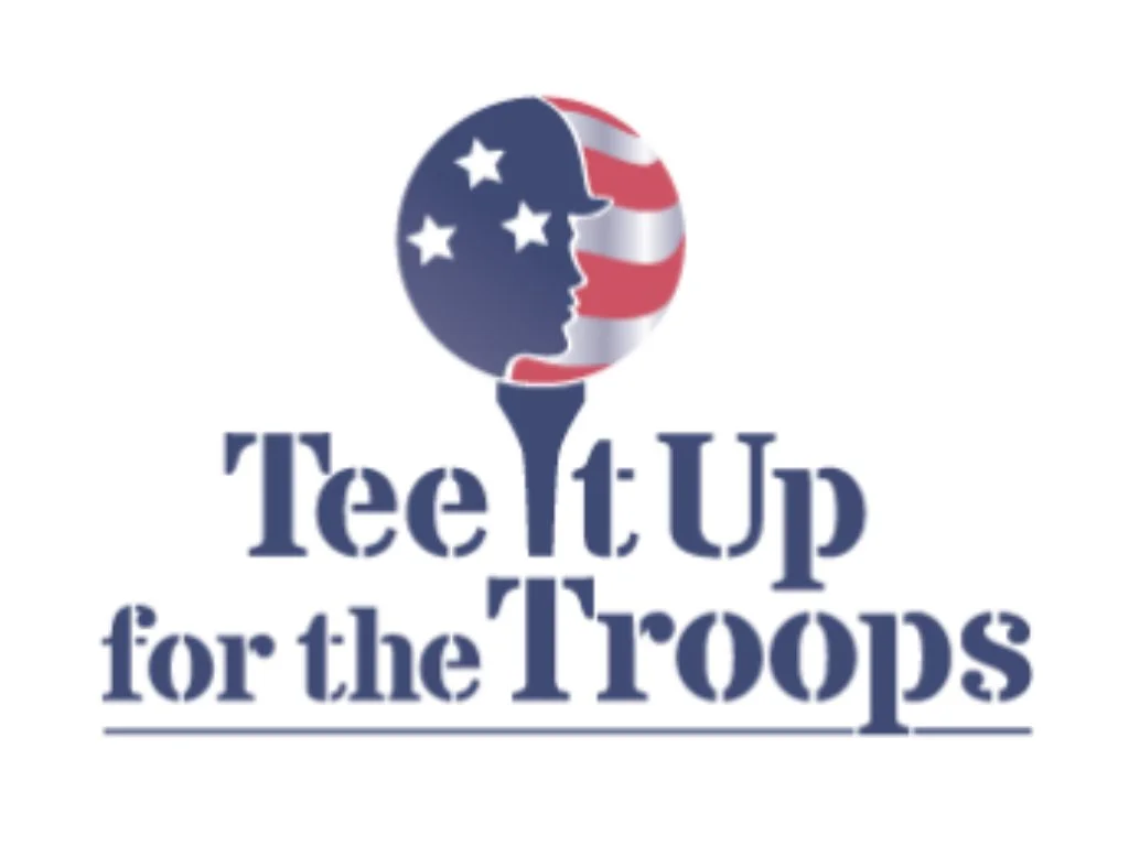 Tee It Up for the Troops logo featuring a patriotic golfer silhouette, stars, and American flag design