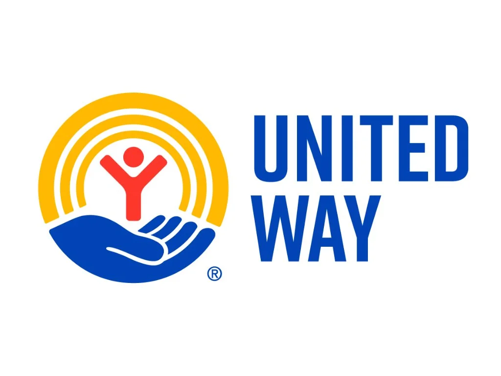 United Way logo featuring a blue hand holding a red person beneath a yellow rainbow, with blue United Way text