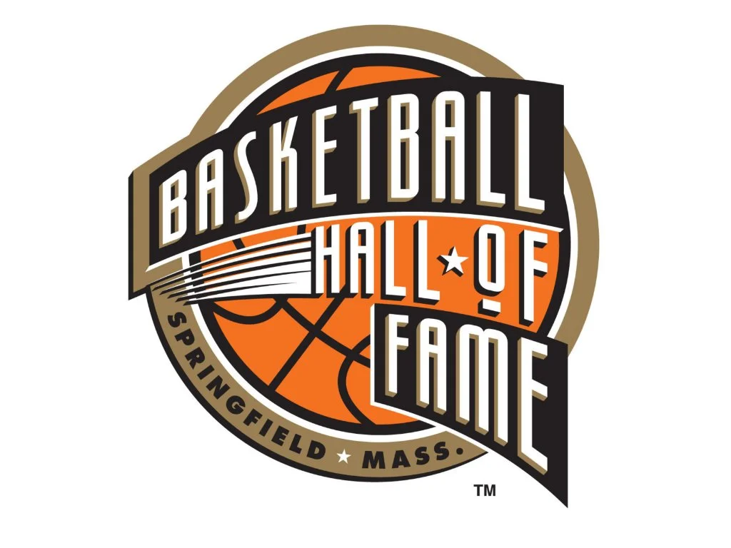 Basketball Hall of Fame logo featuring an orange basketball, black and gold lettering, and the words Springfield, Mass. Past Pin High Event.
