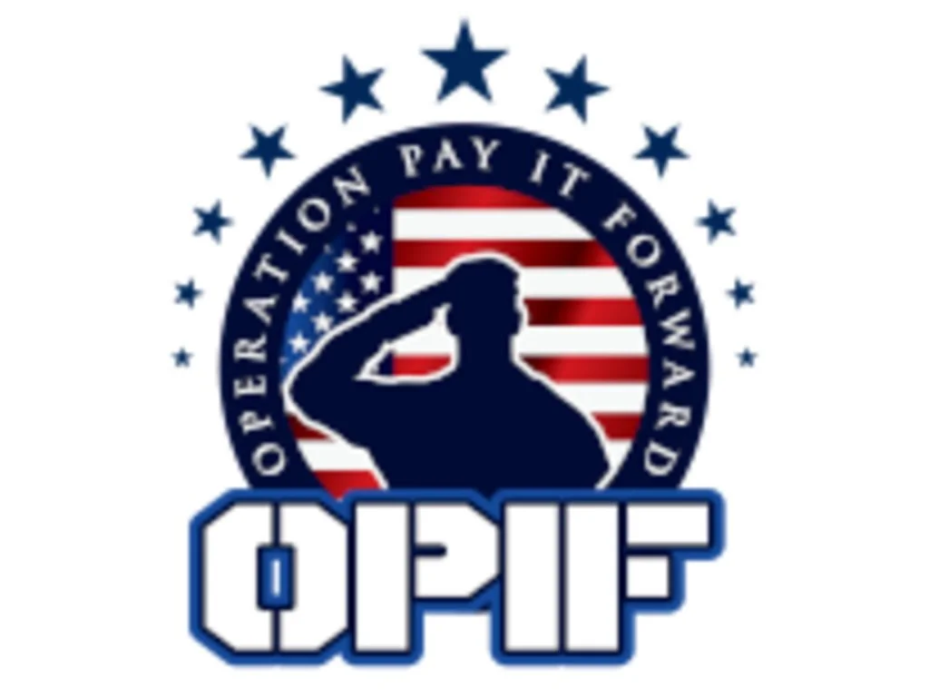 Operation Pay It Forward logo featuring a saluting military silhouette, American flag, stars, and bold OFIP lettering. Past Pin High Event.