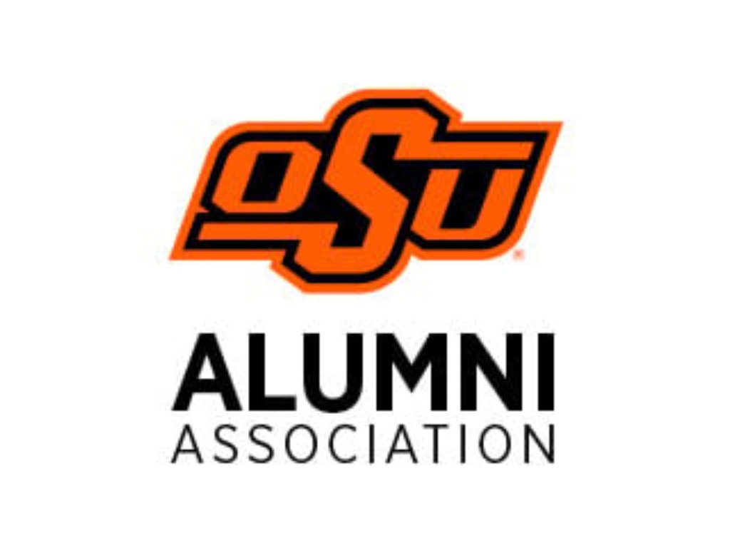 Oklahoma State University Alumni Association logo with orange OSU emblem and black text